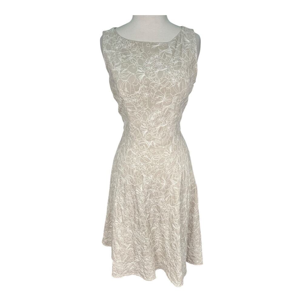 Adrianna Papell Linen Blend Dress Fit-and-Flare Light Weight Floral Embroidered